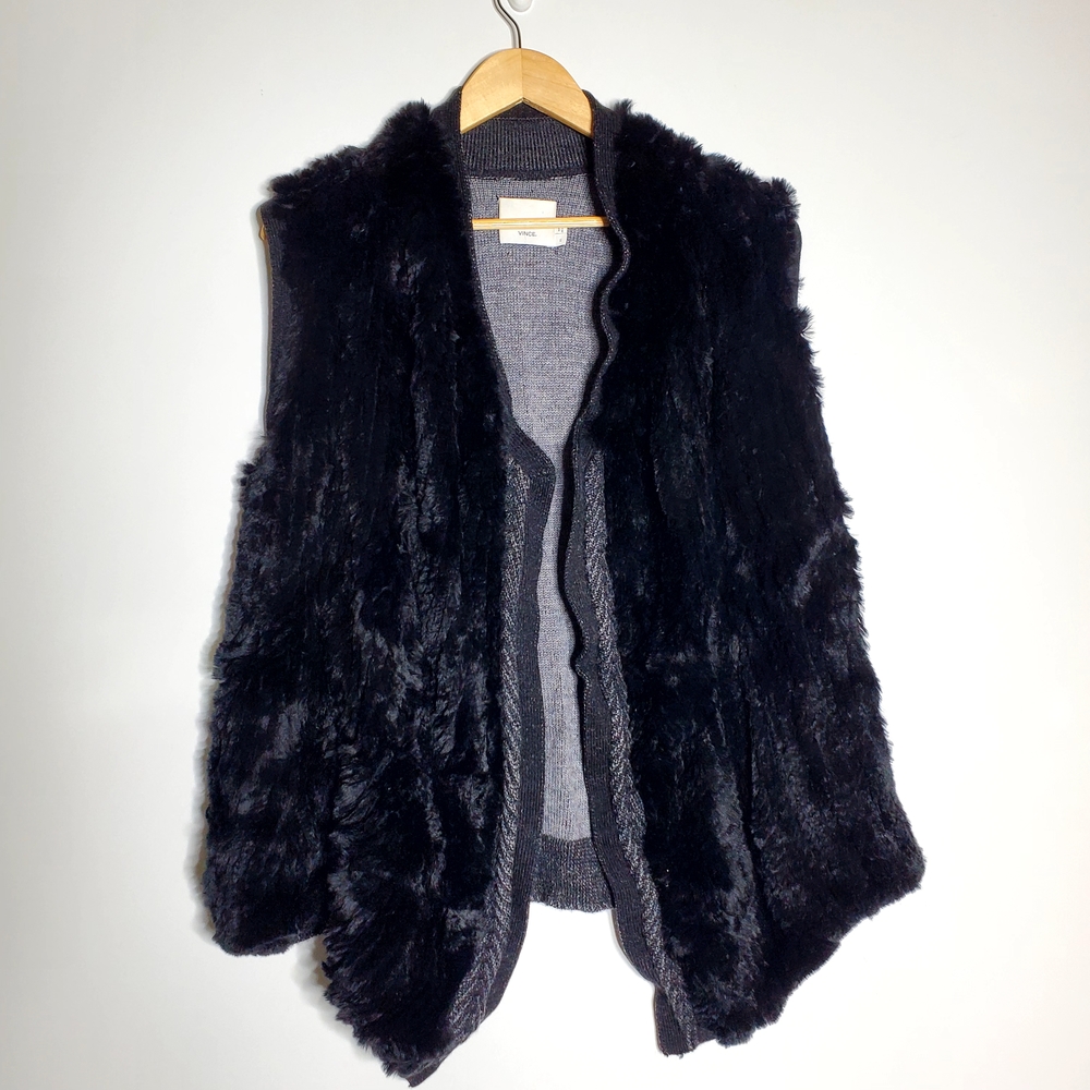 Vince Black Draped front knit back Wool and Rabbit fur vest** Flaws